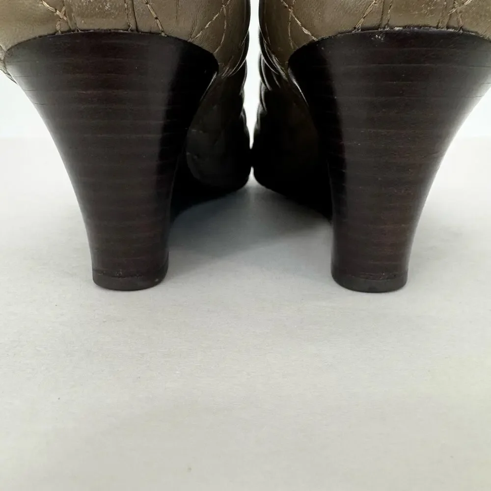 Tory Burch Quinn Quilted Leather Wedge Pumps Shoes Dark Taupe 10M Double T Logo